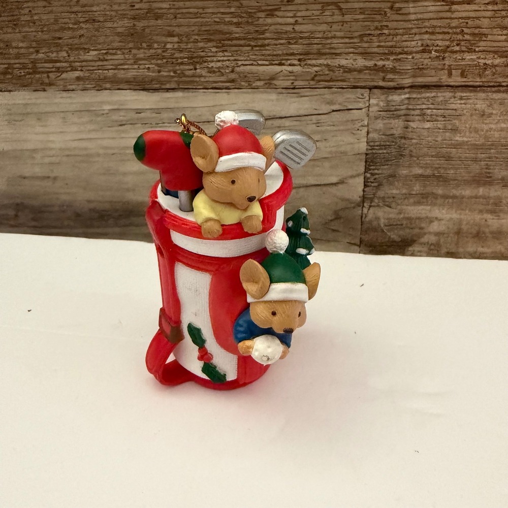 Christmas Mice in Golf Bag Ornament Festive Holiday Decor Red White 3.25 Inch